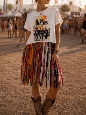 ✌🏼 The Beatles Graphic Patch Fringe Tee - White with Kantha Fringe | One Size